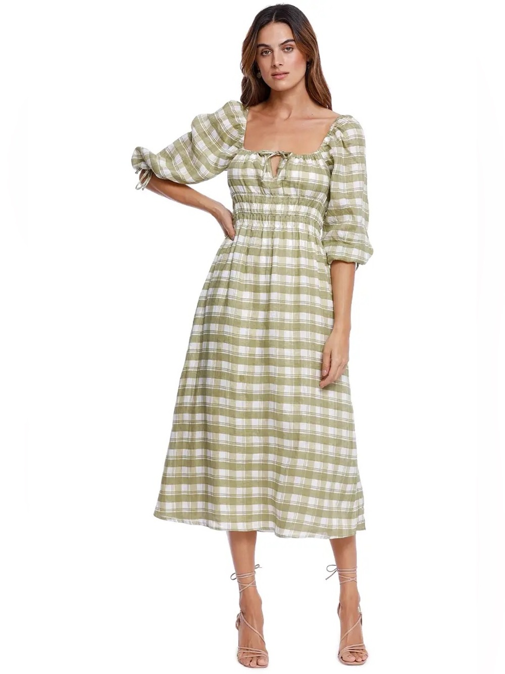 Faithfull the Brand Ayana Midi Dress In Ligne Olive Check Print Size M
